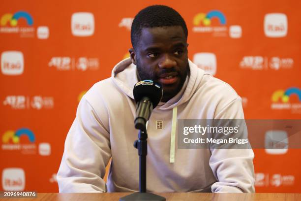 Frances Tiafoe of the United States speaks to the media during the Miami Open at Hard Rock Stadium on March 19, 2024 in Miami Gardens, Florida.