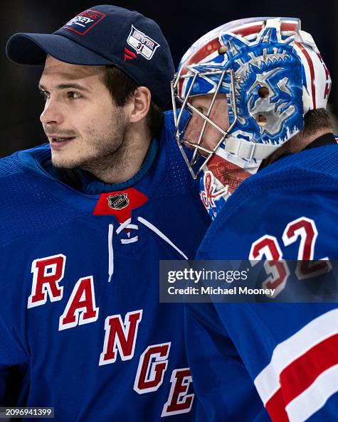 Jonathan Quick and Igor Shesterkin of the New York Rangers celebrate