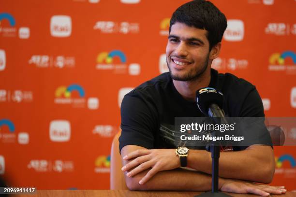 Carlos Alcaraz of Spain speaks to the media during the Miami Open at Hard Rock Stadium on March 19, 2024 in Miami Gardens, Florida.