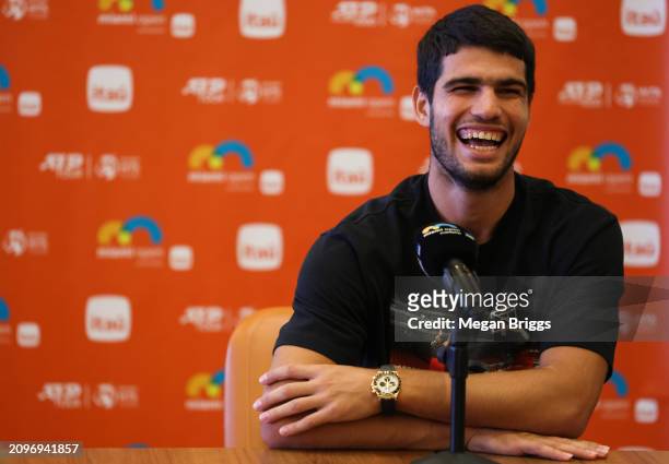 Carlos Alcaraz of Spain speaks to the media during the Miami Open at Hard Rock Stadium on March 19, 2024 in Miami Gardens, Florida.
