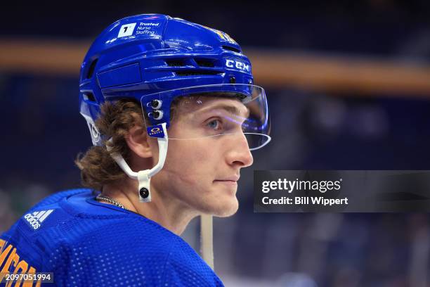 Tage Thompson of the Buffalo Sabres skates in warm-ups prior to an NHL game against the New York Islanders on March 14, 2024 at KeyBank Center in...