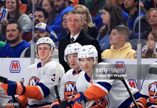 Head coach Patrick Roy of the New York Islanders watches the action during an NHL game against the Buffalo Sabres on March 14, 2024 at KeyBank Center...