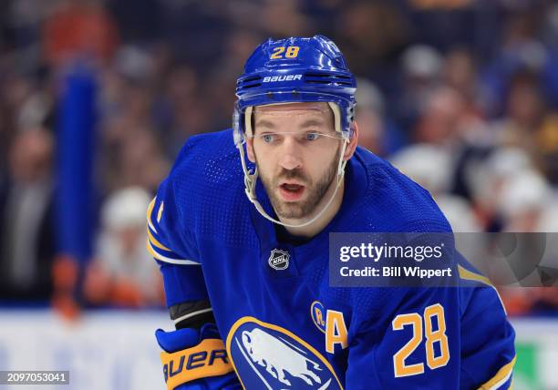 Zemgus Girgensons of the Buffalo Sabres prepares for a faceoff during an NHL game against the New York Islanders on March 14, 2024 at KeyBank Center...