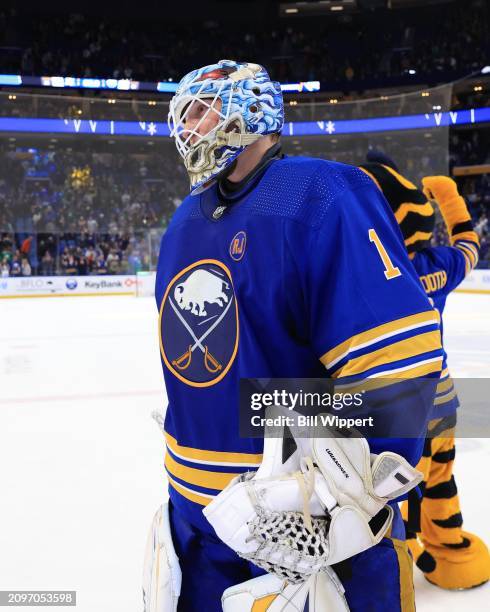 Ukko-Pekka Luukkonen of the Buffalo Sabres celebrates a win following an NHL game against the New York Islanders on March 14, 2024 at KeyBank Center...