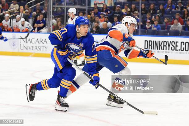 Peterka of the Buffalo Sabres skates during an NHL game against the New York Islanders on March 14, 2024 at KeyBank Center in Buffalo, New York.