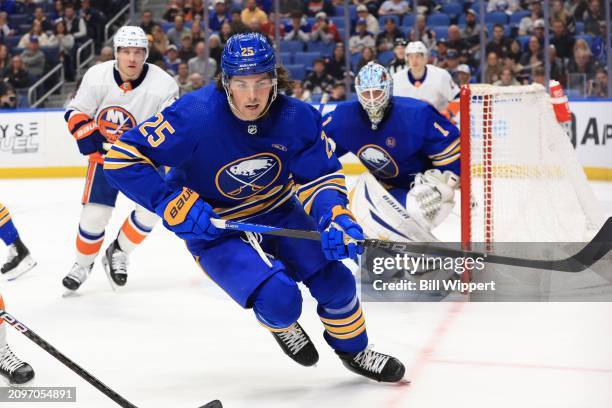 Owen Power of the Buffalo Sabres skates during an NHL game against the New York Islanders on March 14, 2024 at KeyBank Center in Buffalo, New York.