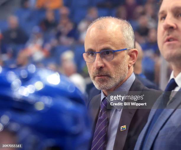 Head coach Don Granato of the Buffalo Sabres watches the action during an NHL game against the New York Islanders on March 14, 2024 at KeyBank Center...