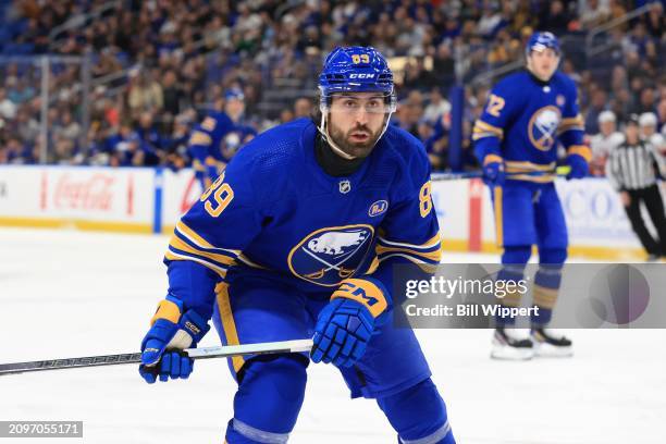 Alex Tuch of the Buffalo Sabres skates during an NHL game against the New York Islanders on March 14, 2024 at KeyBank Center in Buffalo, New York.