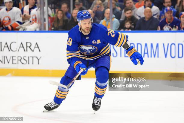 Zemgus Girgensons of the Buffalo Sabres skates during an NHL game against the New York Islanders on March 14, 2024 at KeyBank Center in Buffalo, New...