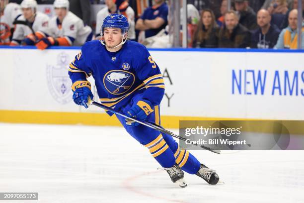 Zach Benson of the Buffalo Sabres skates during an NHL game against the New York Islanders on March 14, 2024 at KeyBank Center in Buffalo, New York.