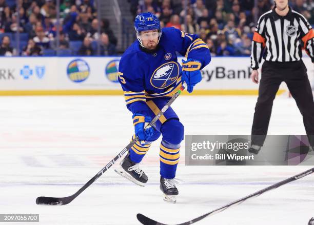 Connor Clifton of the Buffalo Sabres skates during an NHL game against the New York Islanders on March 14, 2024 at KeyBank Center in Buffalo, New...