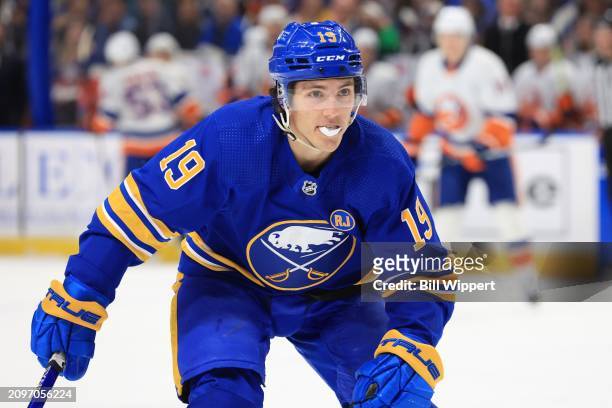 Peyton Krebs of the Buffalo Sabres skates during an NHL game against the New York Islanders on March 14, 2024 at KeyBank Center in Buffalo, New York.