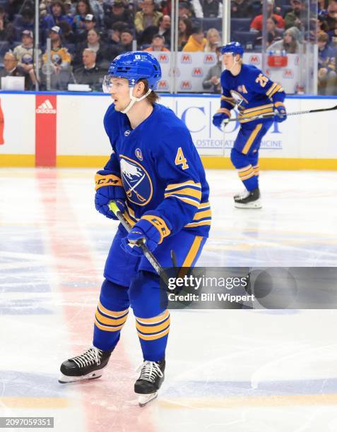 Bowen Byram of the Buffalo Sabres skates during an NHL game against the New York Islanders on March 14, 2024 at KeyBank Center in Buffalo, New York.