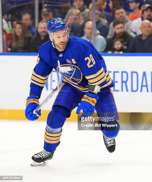 Zemgus Girgensons of the Buffalo Sabres skates during an NHL game against the New York Islanders on March 14, 2024 at KeyBank Center in Buffalo, New...