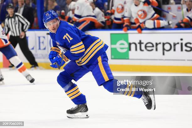 Victor Olofsson of the Buffalo Sabres skates during an NHL game against the New York Islanders on March 14, 2024 at KeyBank Center in Buffalo, New...