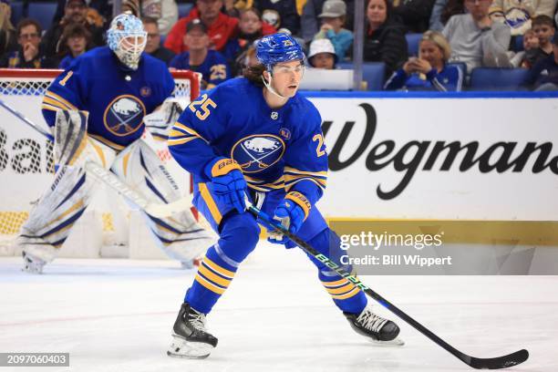 Owen Power of the Buffalo Sabres skates during an NHL game against the New York Islanders on March 14, 2024 at KeyBank Center in Buffalo, New York.