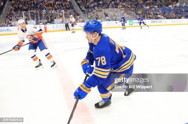 Jacob Bryson of the Buffalo Sabres skates during an NHL game against the New York Islanders on March 14, 2024 at KeyBank Center in Buffalo, New York.