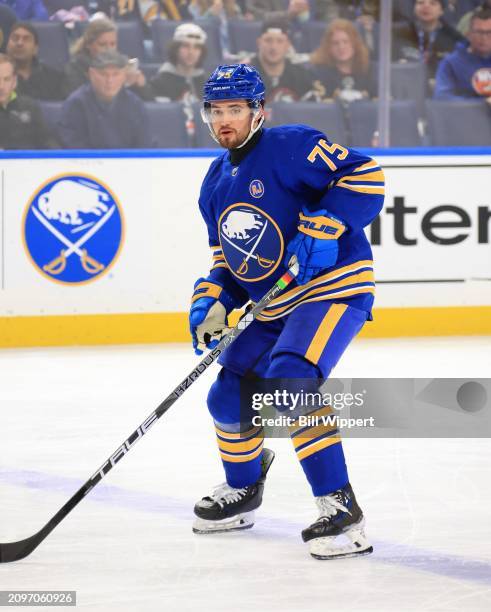 Connor Clifton of the Buffalo Sabres skates during an NHL game against the New York Islanders on March 14, 2024 at KeyBank Center in Buffalo, New...