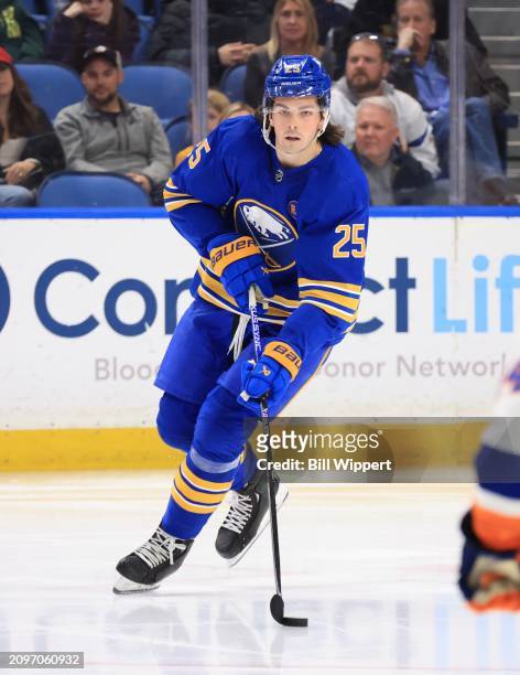 Owen Power of the Buffalo Sabres skates during an NHL game against the New York Islanders on March 14, 2024 at KeyBank Center in Buffalo, New York.