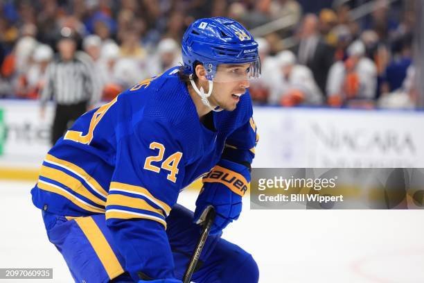 Dylan Cozens of the Buffalo Sabres skates during an NHL game against the New York Islanders on March 14, 2024 at KeyBank Center in Buffalo, New York.