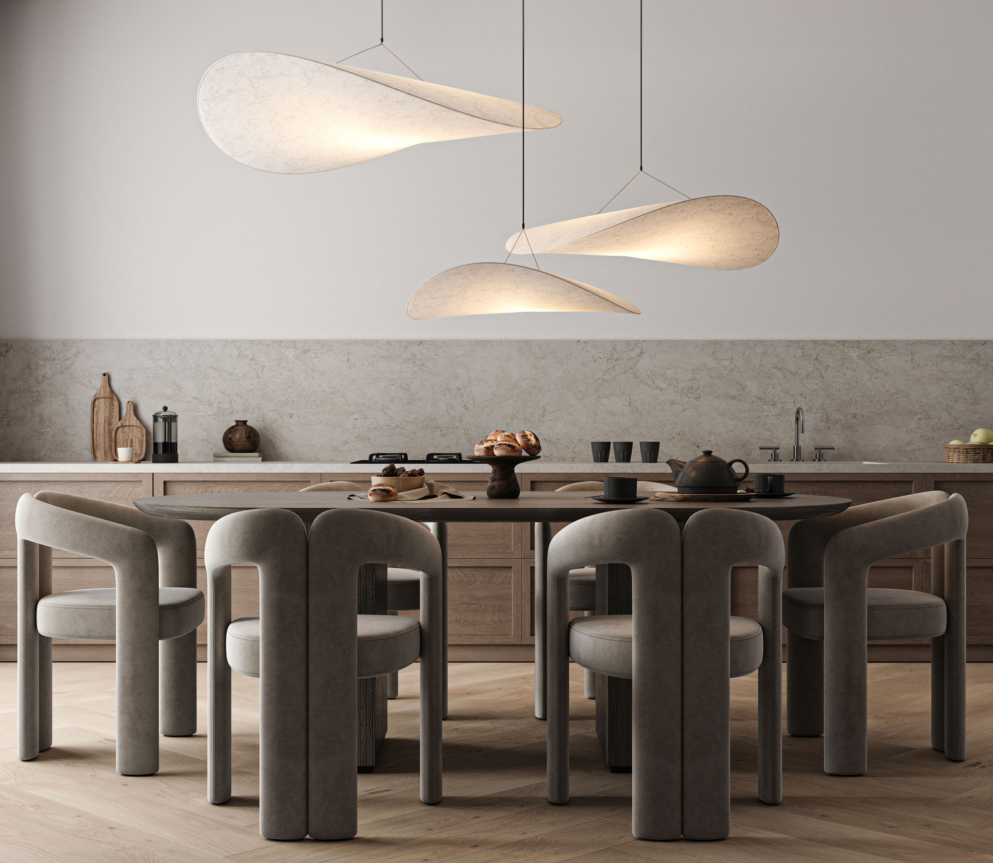 Modern dining room with unique sculptural chairs and organic shaped pendant lights in a chic interior Modern dining room with unique sculptural chairs and organic shaped pendant lights in a chic interior