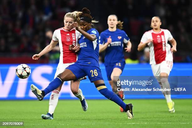 Nadine Noordam of Ajax and Kadeisha Buchanan of Chelsea battle for the ball during the UEFA Women's Champions League 2023/24 Quarter Final Leg One...