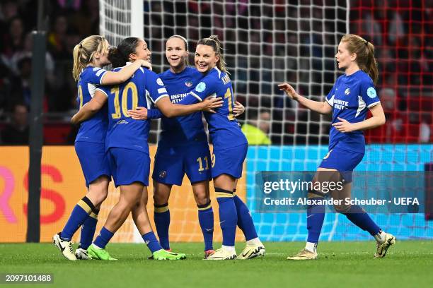 Lauren James of Chelsea celebrates scoring her team's first goal with teammates during the UEFA Women's Champions League 2023/24 Quarter Final Leg...