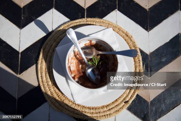 empty bowl of chocolate ice cream - place mat stock pictures, royalty-free photos & images