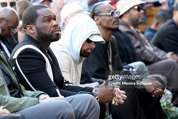 Cent, Eminem and Snoop Dogg attend the Hollywood Walk of Fame Star Ceremony for Dr. Dre on March 19, 2024 in Hollywood, California.