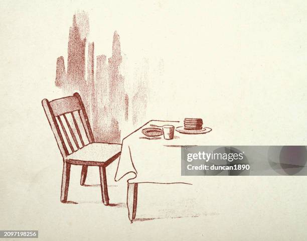 table set for breakfast, the vege-men's revenge, children's book illustration, florence k upton, 1890s - dining table stock illustrations