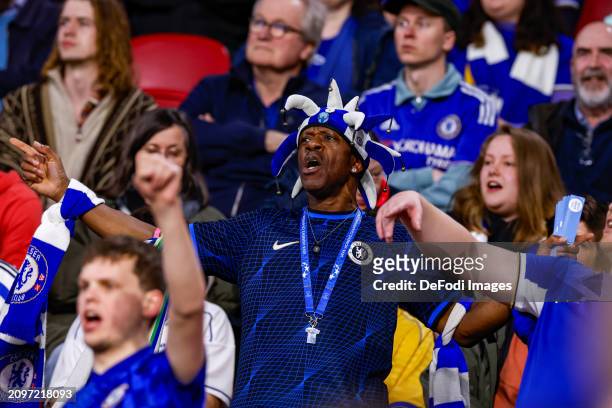 Fan of Chelsea during the UEFA Women's Champions League 2023/24 Quarter Final Leg One match between AFC Ajax and Chelsea FC at Johan Cruijff ArenA on...