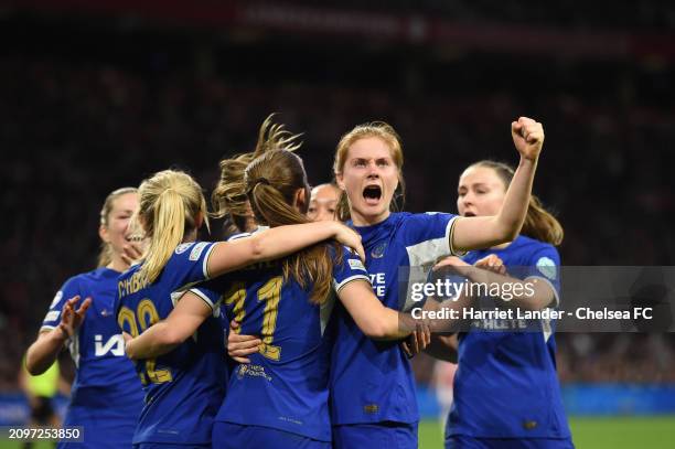 Sjoeke Nusken of Chelsea celebrates after scoring her team's second goal during the UEFA Women's Champions League 2023/24 Quarter Final Leg One match...