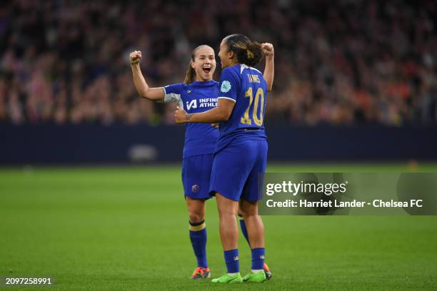 Lauren James of Chelsea celebrates with teammate Guro Reiten after scoring her team's first goal during the UEFA Women's Champions League 2023/24...