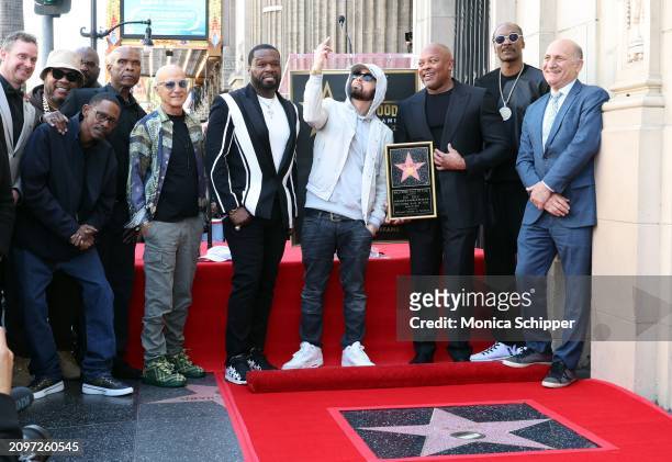 Kurupt, Big Boy, Jimmy Iovine, 50 Cent, Eminem, Dr. Dre, Snoop Dogg and Steven Nissen, President & CEO, Hollywood Chamber of Commerce, attend the...