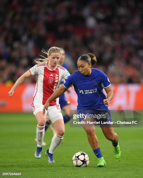 Lauren James of Chelsea is challenged by Nadine Noordam of Ajax during the UEFA Women's Champions League 2023/24 Quarter Final Leg One match between...