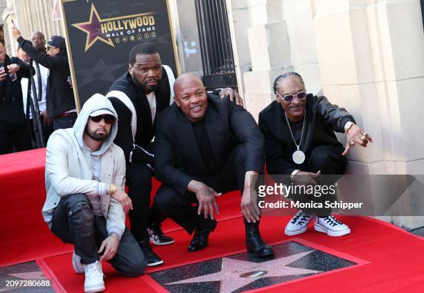 Eminem, 50 Cent, honoree Dr. Dre and Snoop Dogg attend the Hollywood Walk of Fame Star Ceremony for Dr. Dre on March 19, 2024 in Hollywood,...