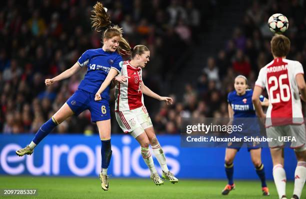 Sjoeke Nuesken of Chelsea scores her team's third goal during the UEFA Women's Champions League 2023/24 Quarter Final Leg One match between AFC Ajax...