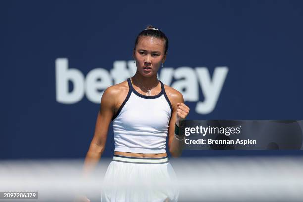 Yue Yuan of China celebrates after she returns a shot from Anna Blinkova of Russia during her singles women's match during the Miami Open at Hard...