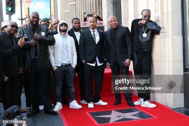 Big Boy, Eminem, 50 Cent, DJ Quik, Dr. Dre and Snoop Dogg attend the Hollywood Walk of Fame Star Ceremony for Dr. Dre on March 19, 2024 in Hollywood,...