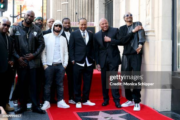 Big Boy, Eminem, 50 Cent, DJ Quik, Dr. Dre and Snoop Dogg attend the Hollywood Walk of Fame Star Ceremony for Dr. Dre on March 19, 2024 in Hollywood,...