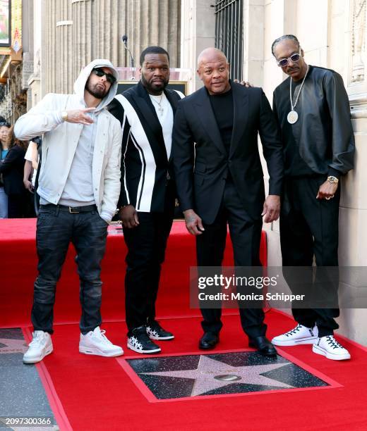 Eminem, 50 Cent, honoree Dr. Dre and Snoop Dogg attend the Hollywood Walk of Fame Star Ceremony for Dr. Dre on March 19, 2024 in Hollywood,...