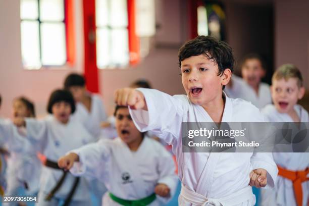 entraînement de karaté, enfants de différents âges en kimono - club de remise en forme photos et images de collection
