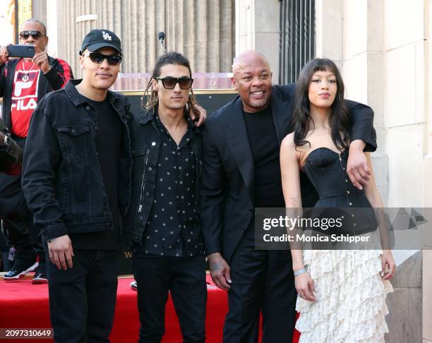 Truice Young, Tyler Young, Dr. Dre and Truly Young attend the Hollywood Walk of Fame Star Ceremony for Dr. Dre on March 19, 2024 in Hollywood,...