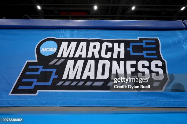 General view of signage before the First Four games during the NCAA Men's Basketball Tournament at University of Dayton Arena on March 19, 2024 in...