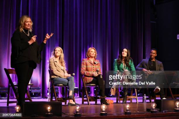 Karen Kingsbury, Cassidy Gifford, Roma Downey, Ali Cobrin and Brandon Hirsch speak on stage at "The Baxters" special screening for fans and readers,...