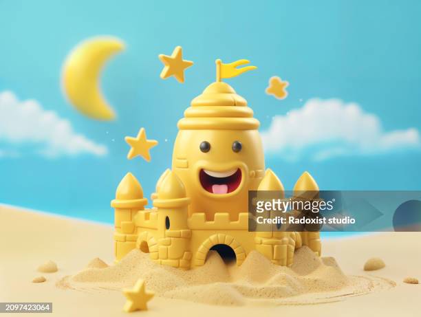 smilie face emoji sand castle 3d render happy - beach stock illustrations stock pictures, royalty-free photos & images