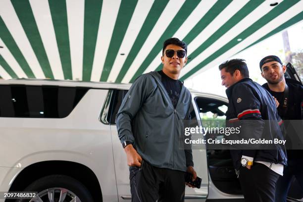 Jaime Munguia arrives at the Canelo Álvarez v. Jaime Munguía kickoff presser at The Beverly Hills Hotel on March 19, 2024 in Beverly Hills,...