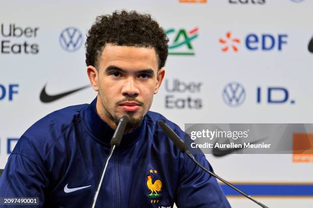 Warren Zaire Emery answers journalists during a press conference at Centre National du Football on March 19, 2024 in Clairefontaine-En-Yvelines,...