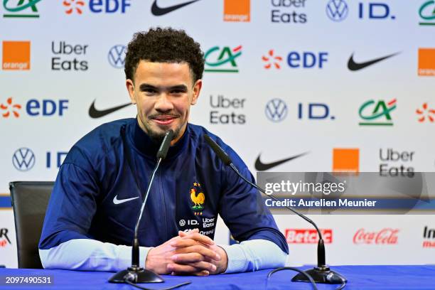 Warren Zaire Emery answers journalists during a press conference at Centre National du Football on March 19, 2024 in Clairefontaine-En-Yvelines,...