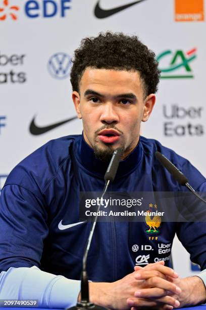 Warren Zaire Emery answers journalists during a press conference at Centre National du Football on March 19, 2024 in Clairefontaine-En-Yvelines,...